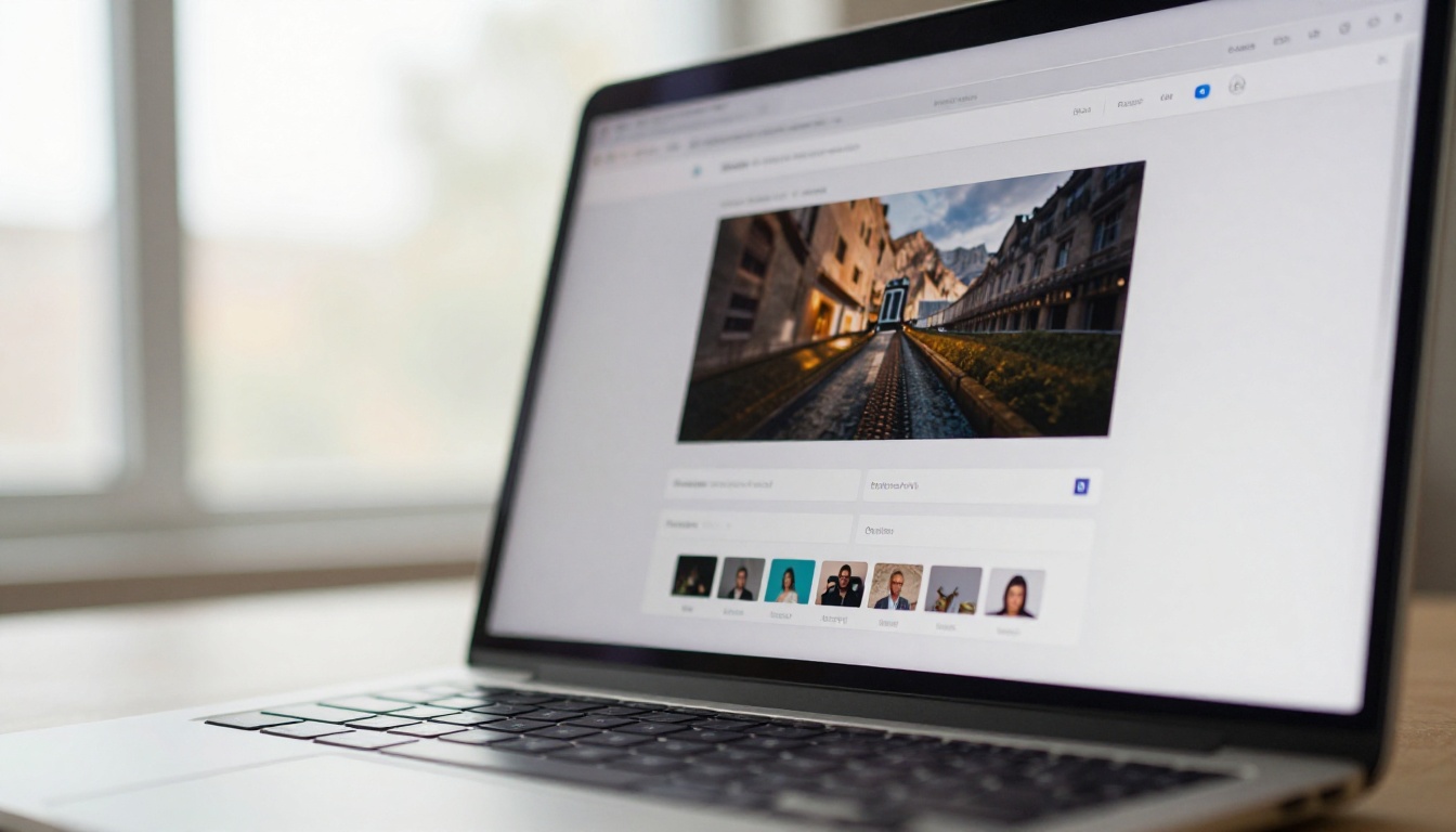 MacBook showing AI video generation platform interface with soft natural window light
