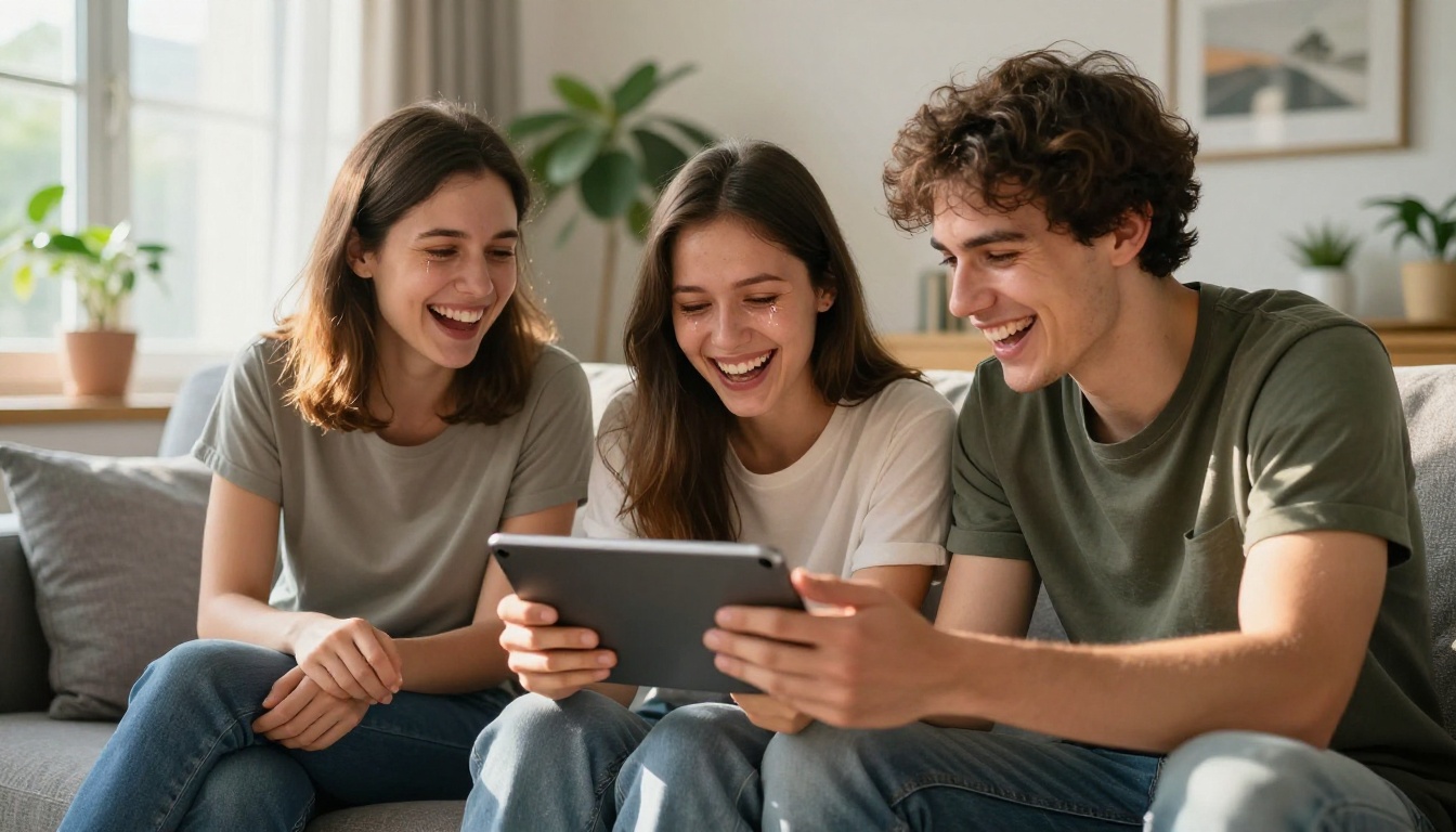 Group of friends on sofa laughing together at memes on a tablet