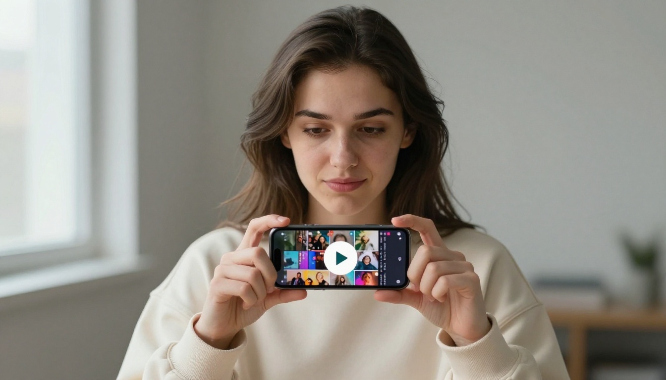 Woman holding smartphone showing colorful social media feed