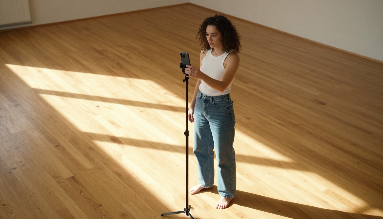 Woman self-filming with tripod on hardwood floors in natural light