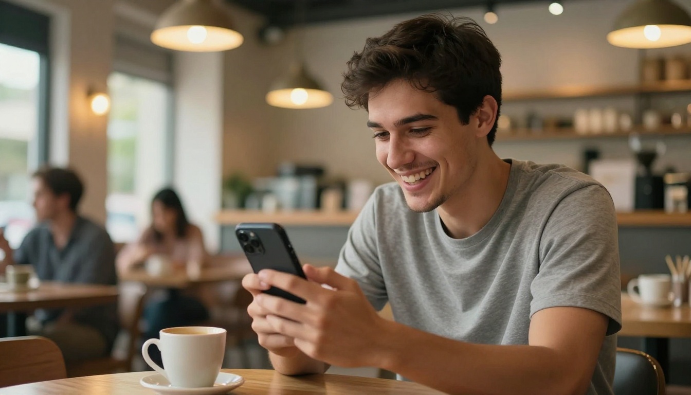 Man laughing while creating AI stickers on his phone at a coffee shop