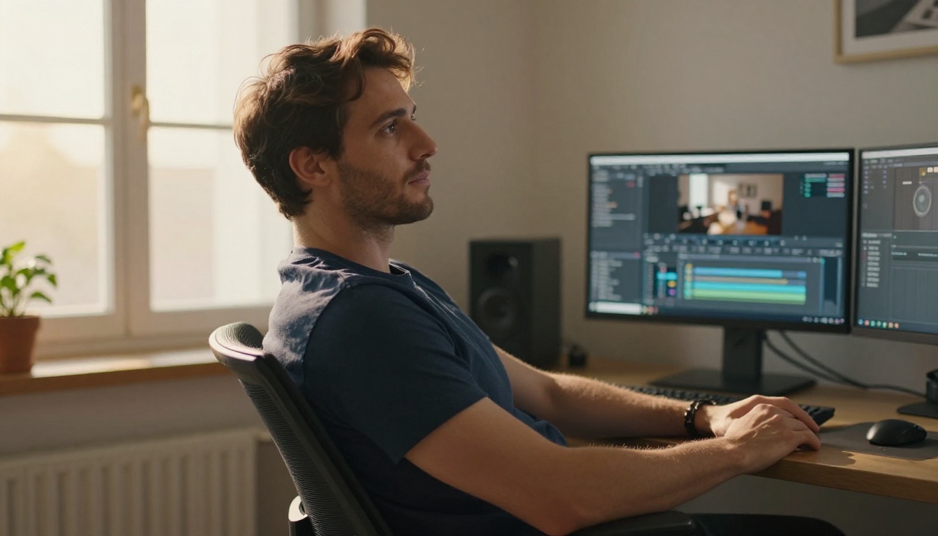 Thoughtful professional staring at video editing monitors in afternoon golden light