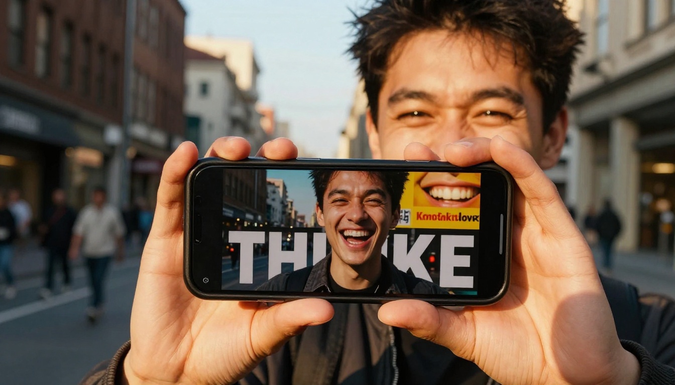 Person holding phone with AI meme in urban golden-hour setting