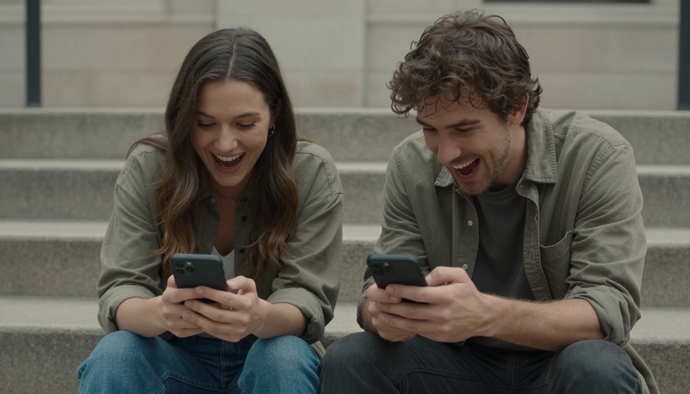 Two friends watching a viral video on a phone together, laughing outdoors