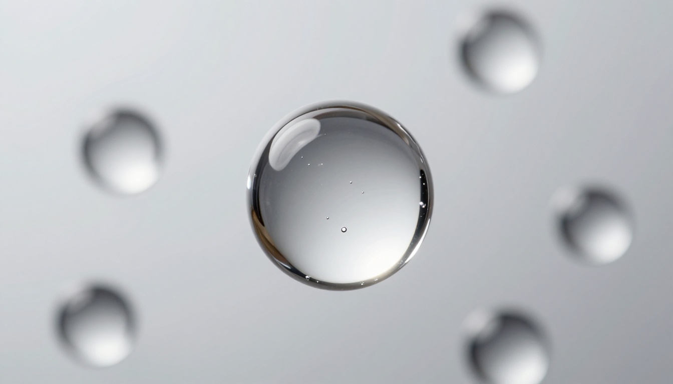 Water droplets suspended mid-fall in extreme macro crystalline detail against white background