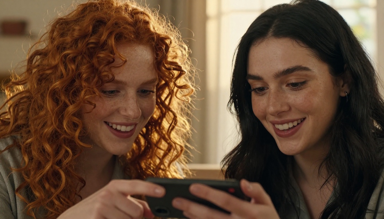 Two friends sharing and reacting to AI stickers on their phone