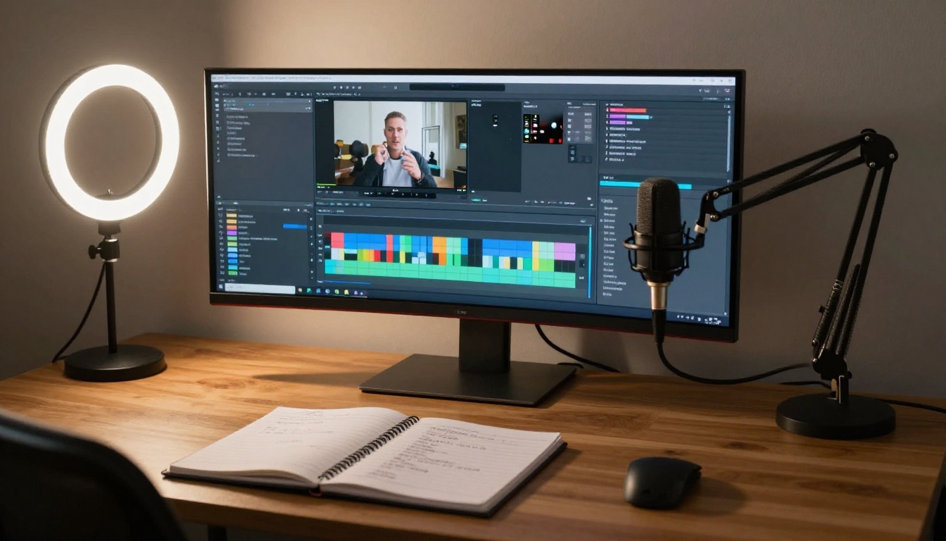 Content creator desk setup with monitor, ring light and microphone