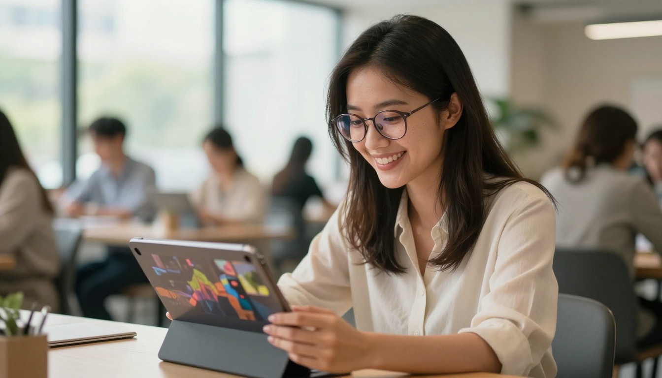 Happy woman watching video playback on tablet in bright modern co-working space