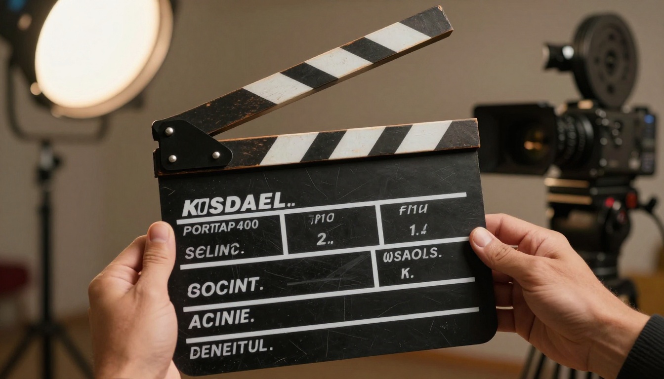 Two hands holding a clapperboard on a professional video shoot set, warm tungsten lighting