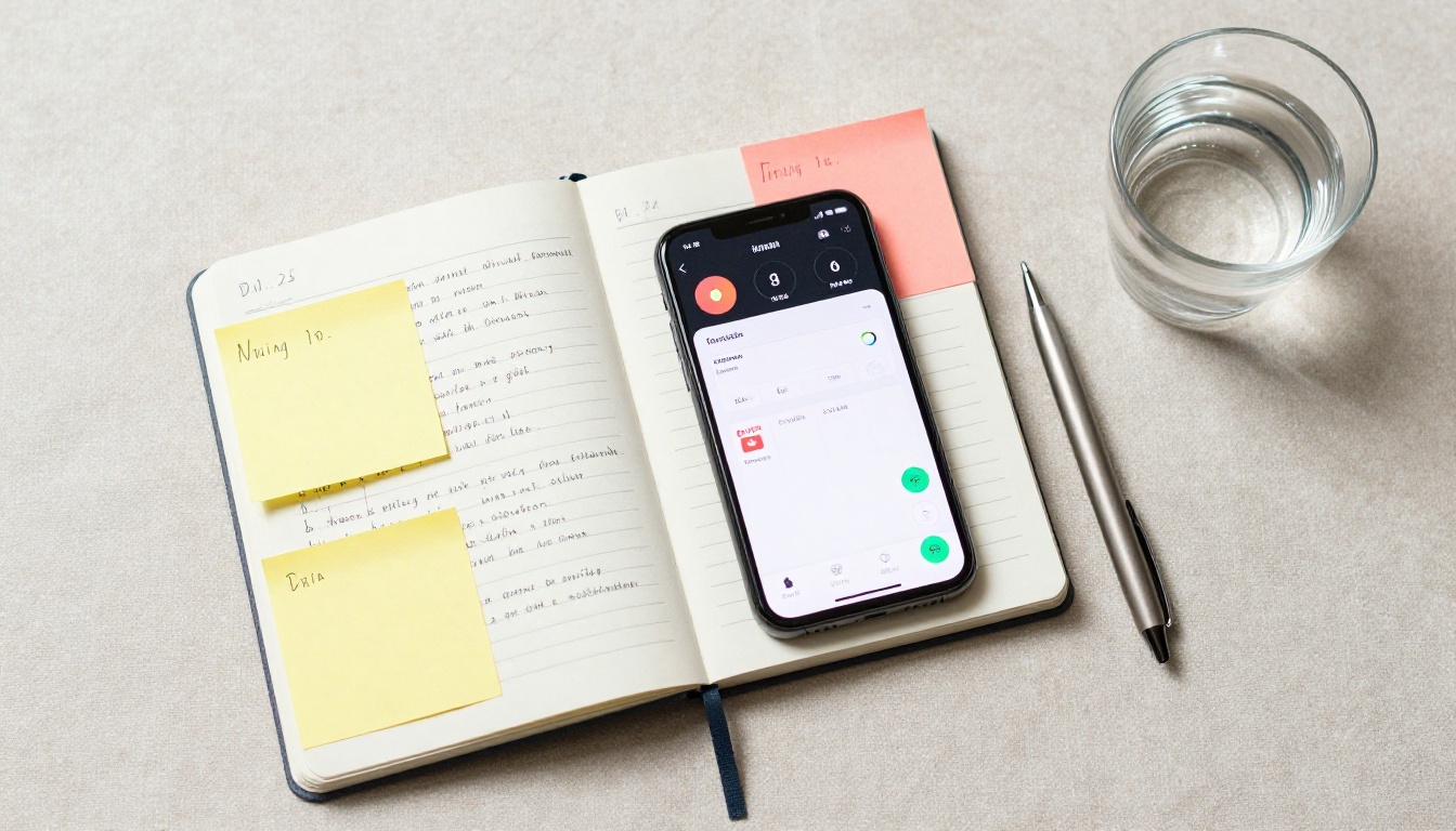 Minimalist content planning workspace with notebook and sticky notes overhead