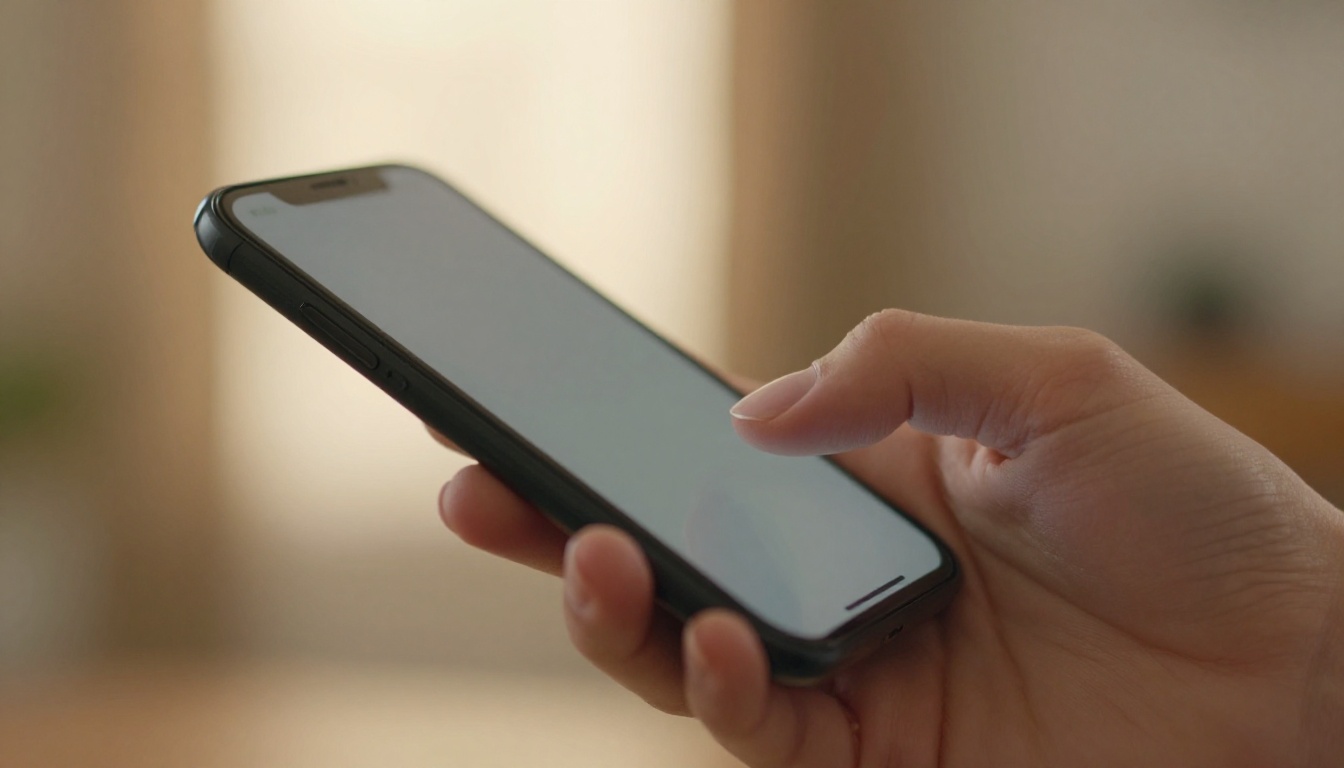 Woman thumb-scrolling phone with warm bokeh background