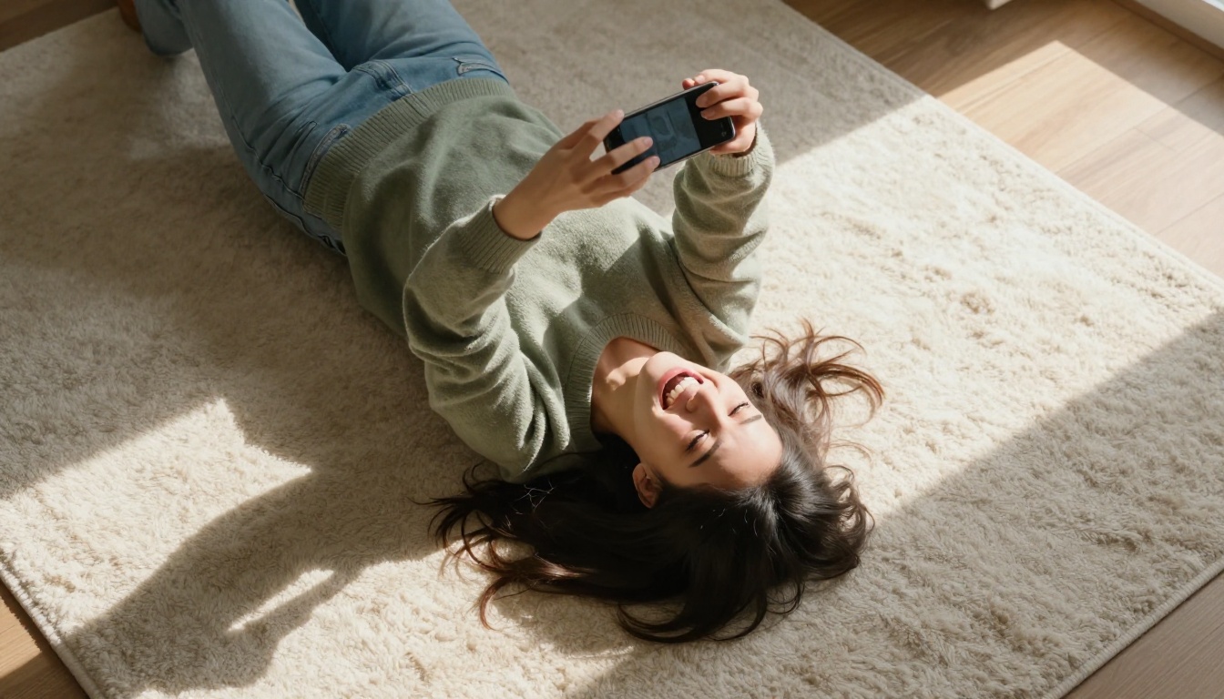 Young woman lying on rug laughing at phone with morning sunlight Young woman lying on rug laughing at phone with morning sunlight