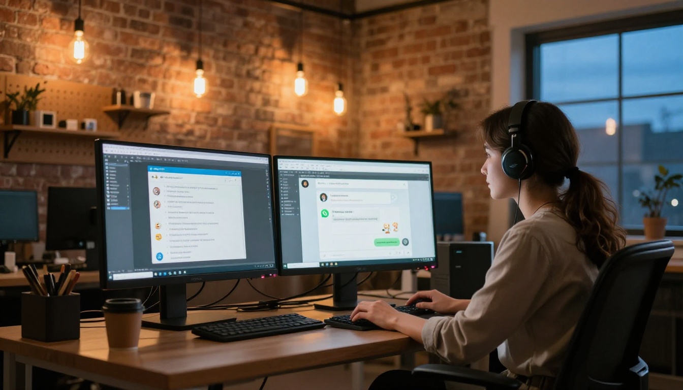 Creative workspace with dual monitors showing AI tool and WhatsApp web