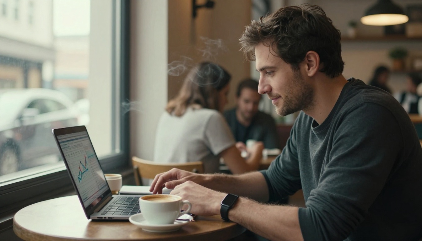 Man at cafe reviewing analytics on laptop with coffee
