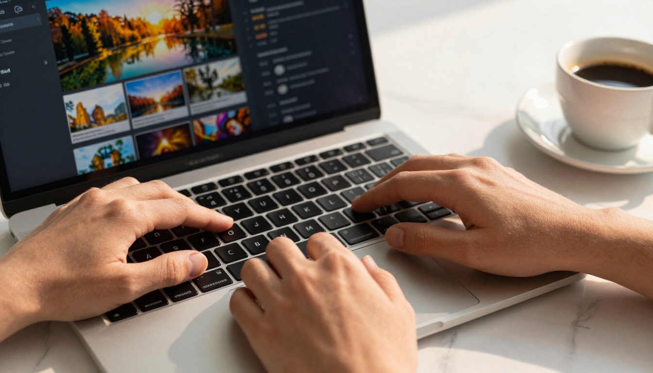 Close-up of laptop keyboard and espresso cup on marble desk with hands typing Close-up of laptop keyboard and espresso cup on marble desk with hands typing
