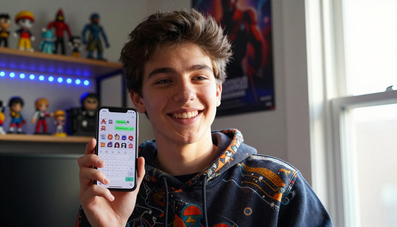 Teen boy smiling with WhatsApp sticker keyboard open on his phone