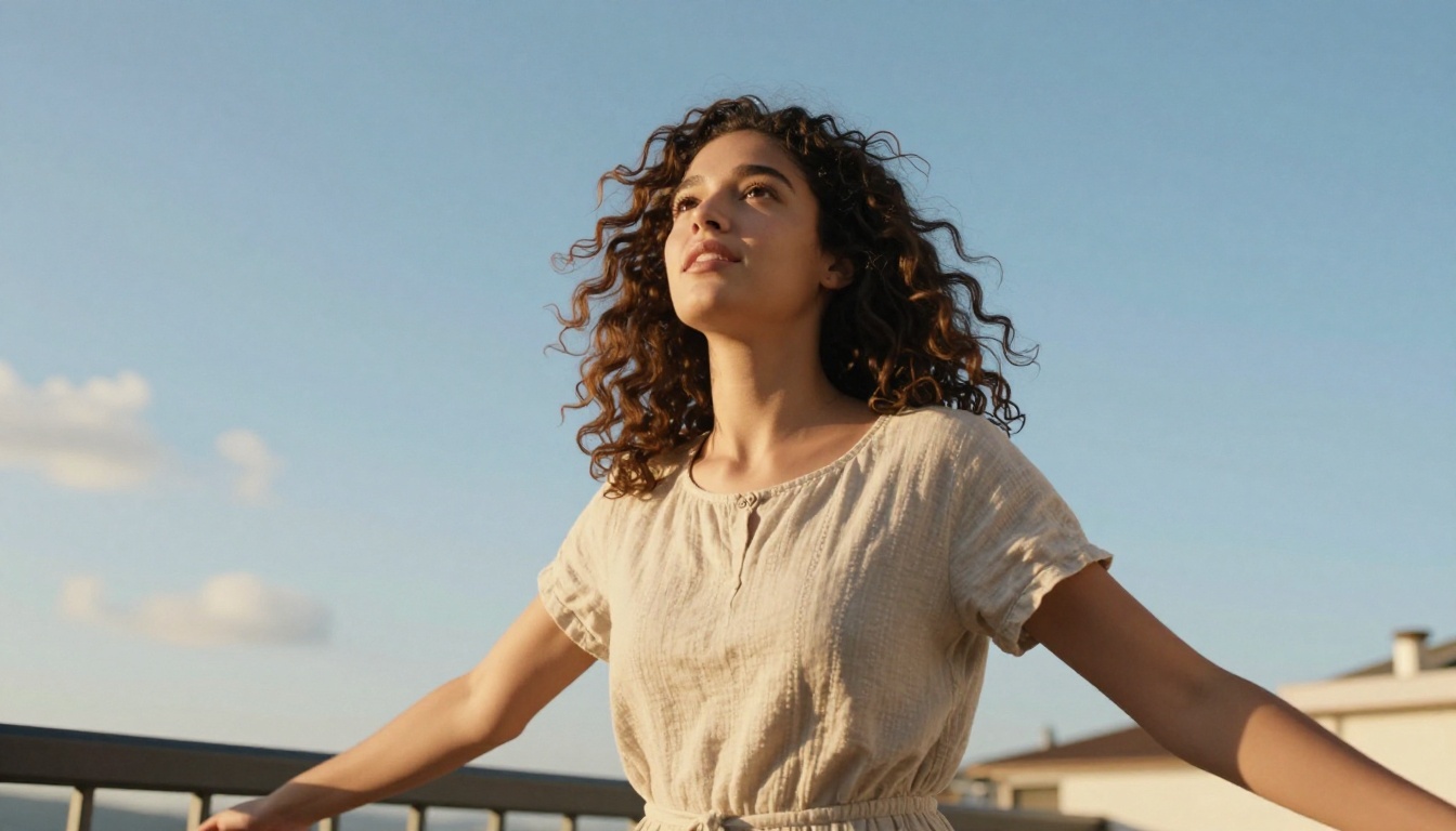 Young woman with curly hair celebrating on a sunny terrace with rooftop view