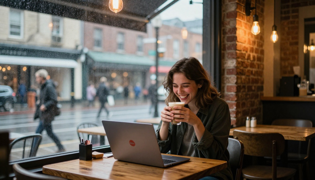 Young woman laughing at laptop in cozy rainy coffee shop window
