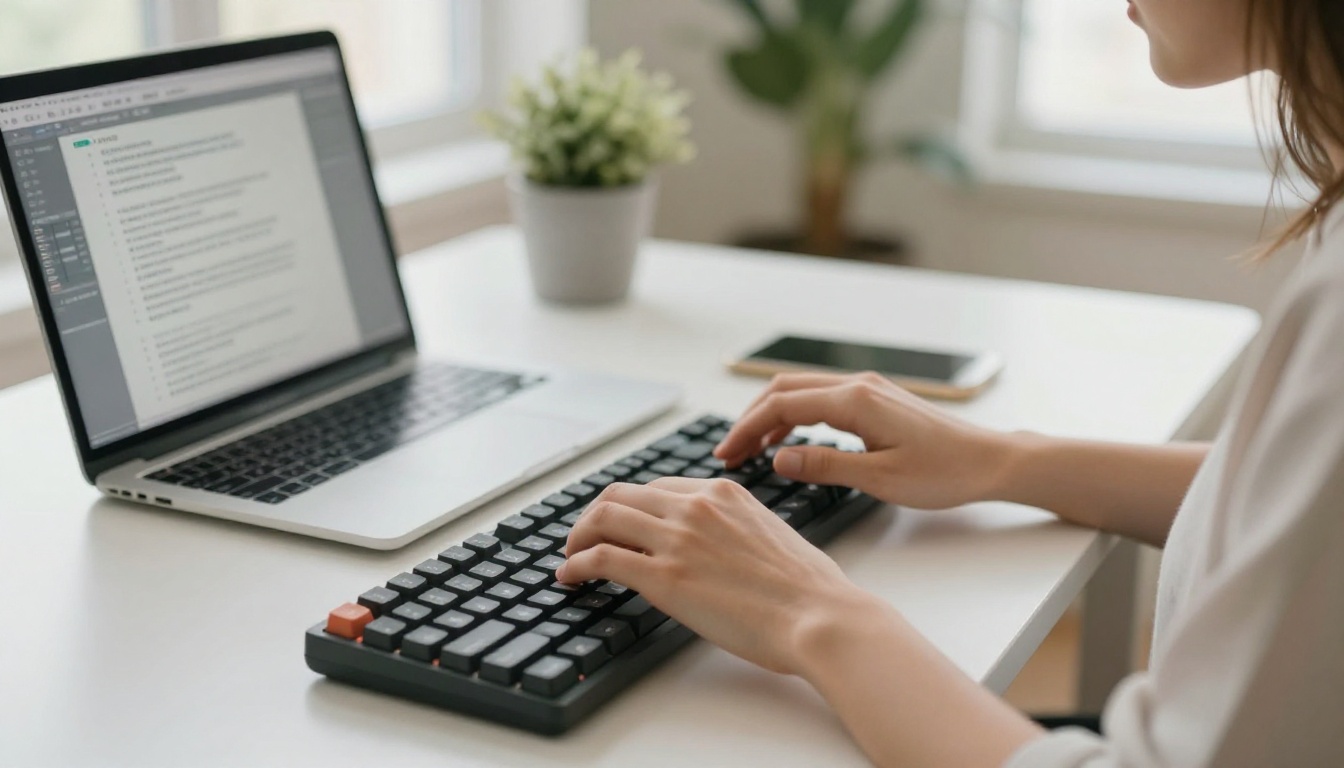 Young woman typing at minimalist desk with script on laptop screen