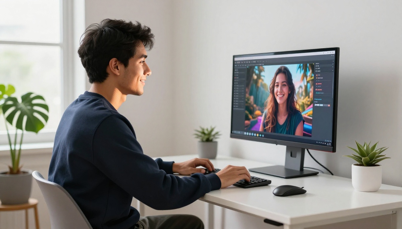 Young man at standing desk with ultrawide monitor smiling at AI generation interface Young man at standing desk with ultrawide monitor smiling at AI generation interface