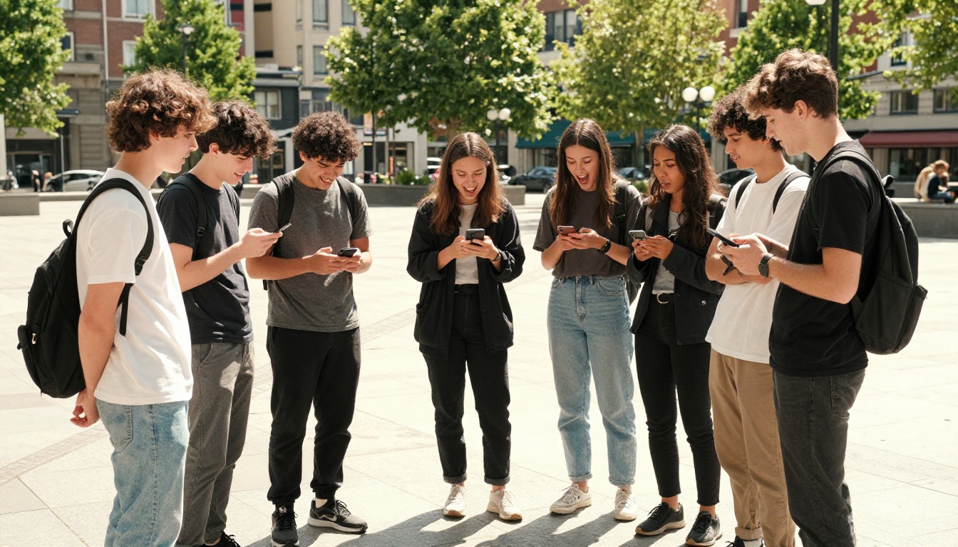 Diverse group of young friends sharing memes and laughing together outdoors on a sunny plaza