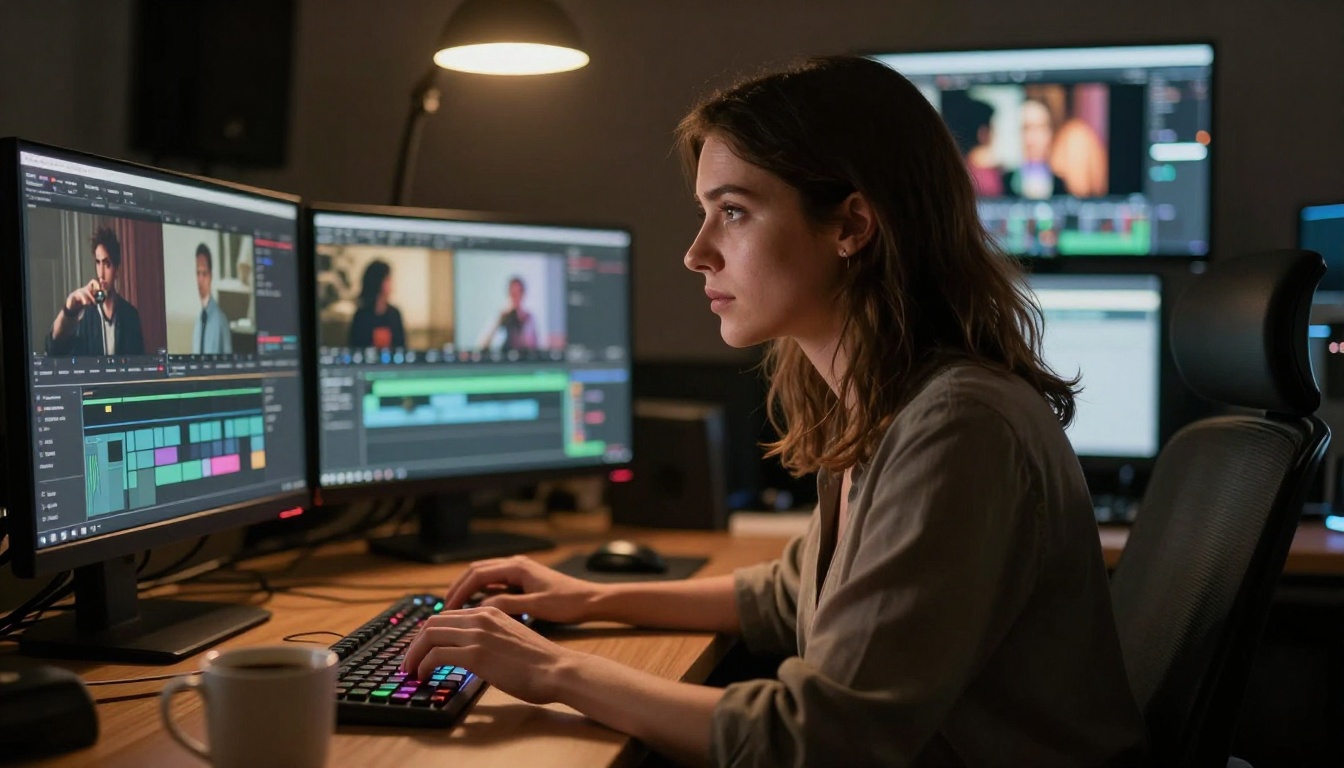 Professional female filmmaker at a high-end editing workstation reviewing AI video outputs