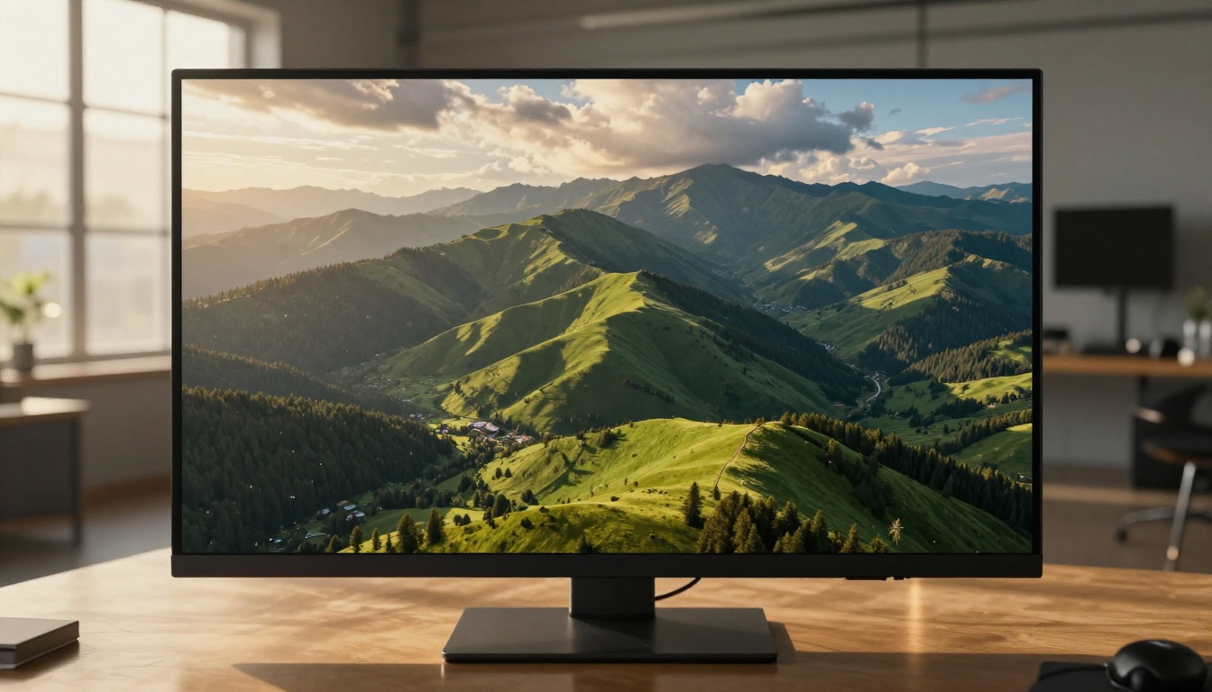 AI-generated cinematic mountain landscape displayed on a professional studio monitor