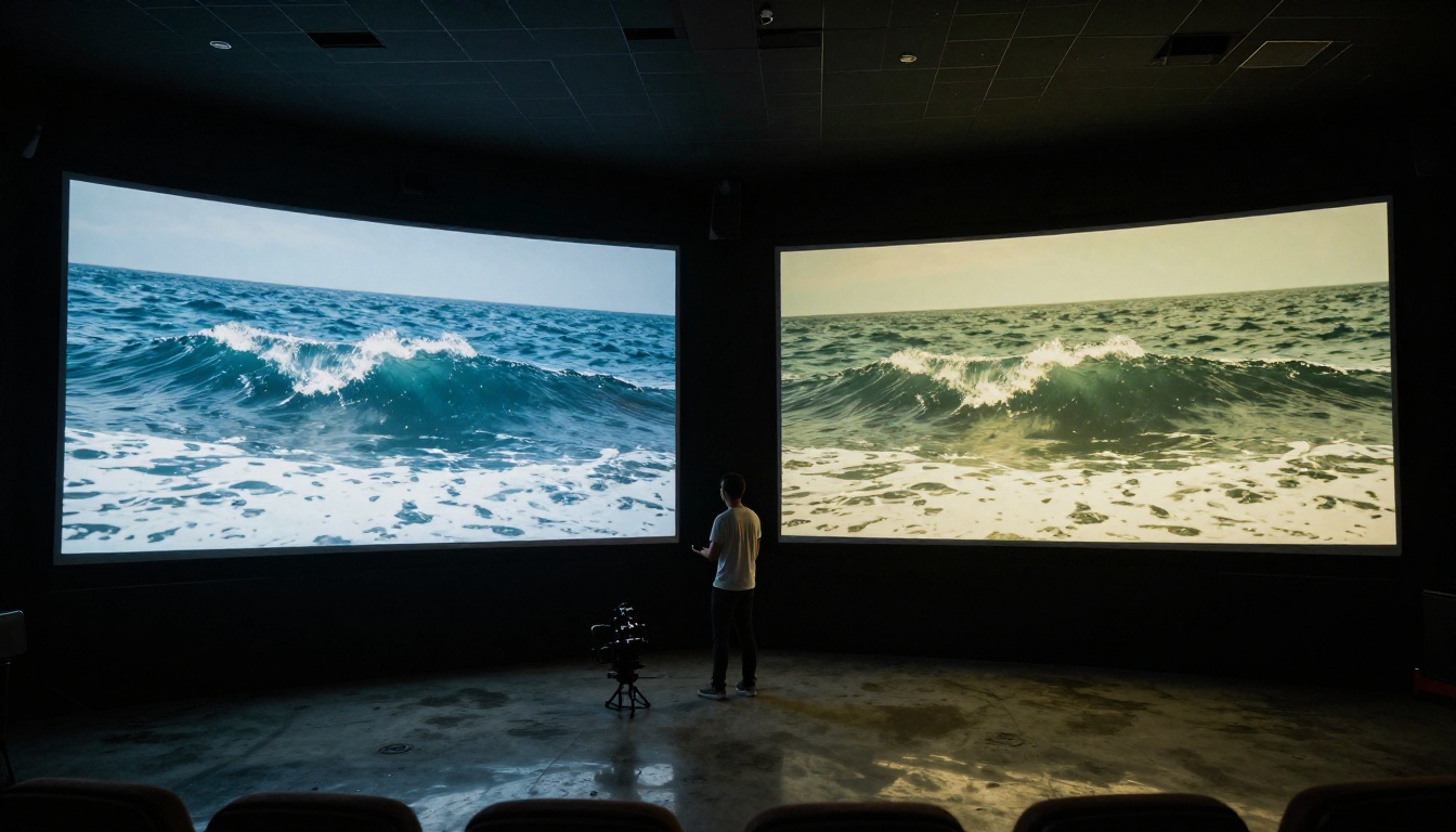 Two cinema monitors side by side displaying identical ocean wave footage in different color grades
