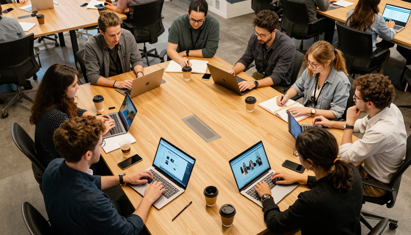 Diverse creative team reviewing AI video outputs on tablets in a modern open-plan office