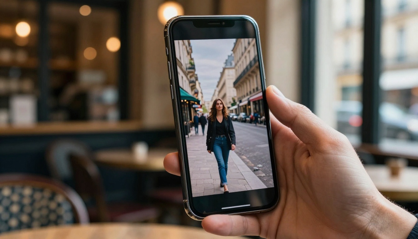 Smartphone displaying an AI-generated video of a woman on a Parisian street, held in a cafe