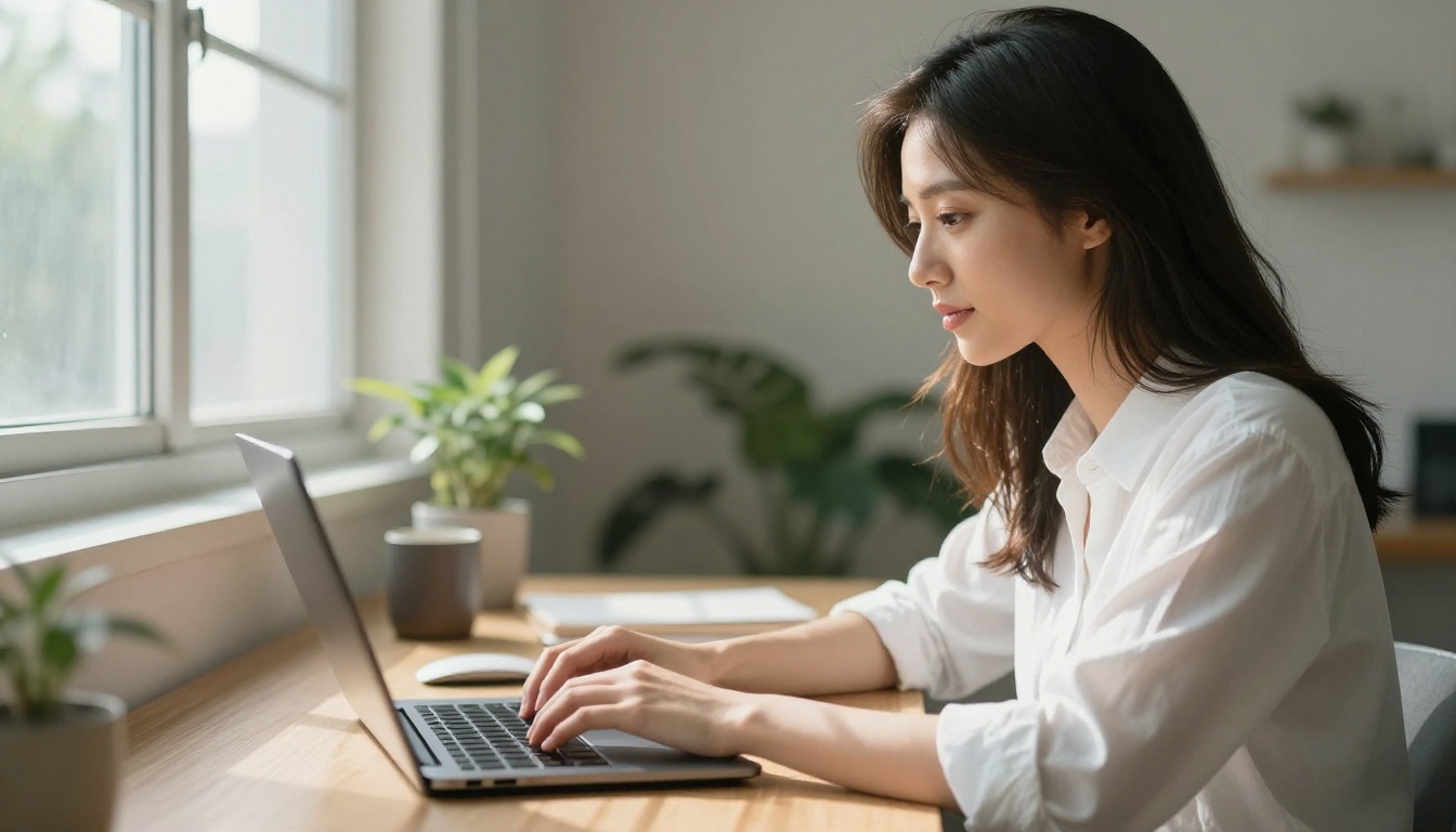Young woman at a bright minimalist home desk setup working on AI video projects