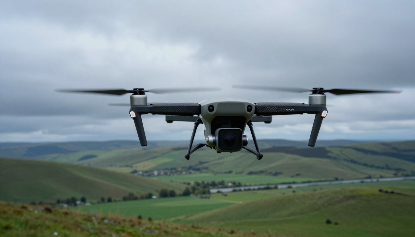 Commercial drone hovering over a lush green valley, rotors slightly motion-blurred