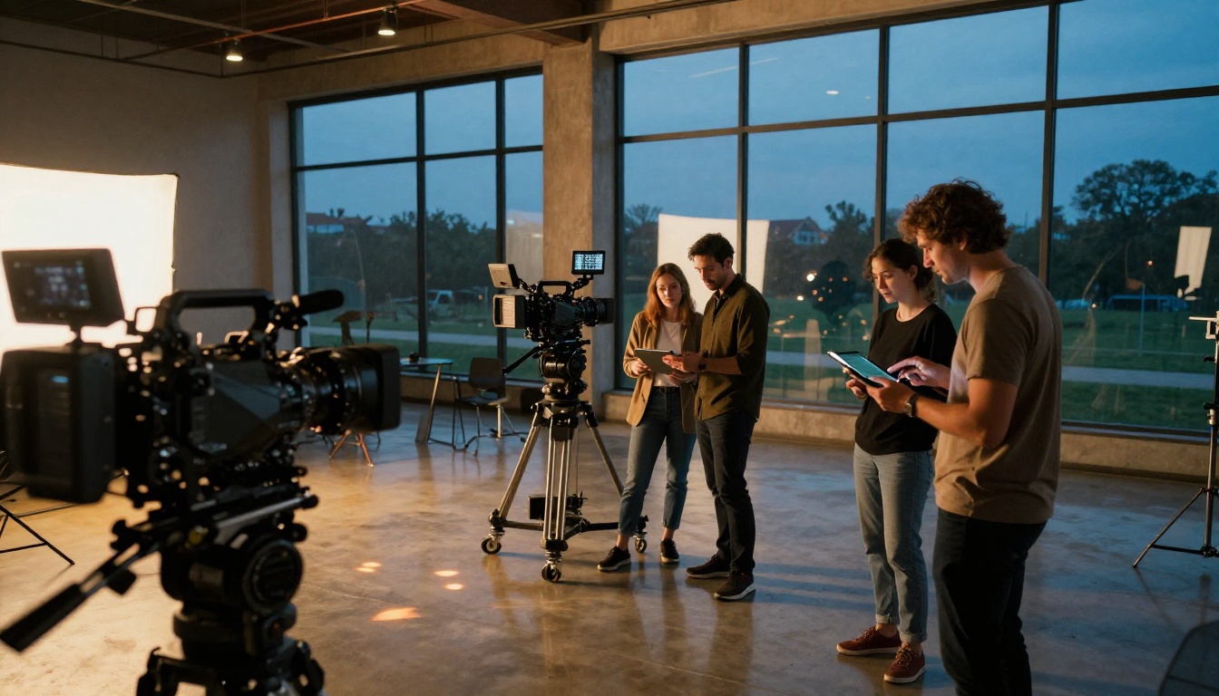 Wide shot of a modern video production studio at dusk with warm interior and cool evening light