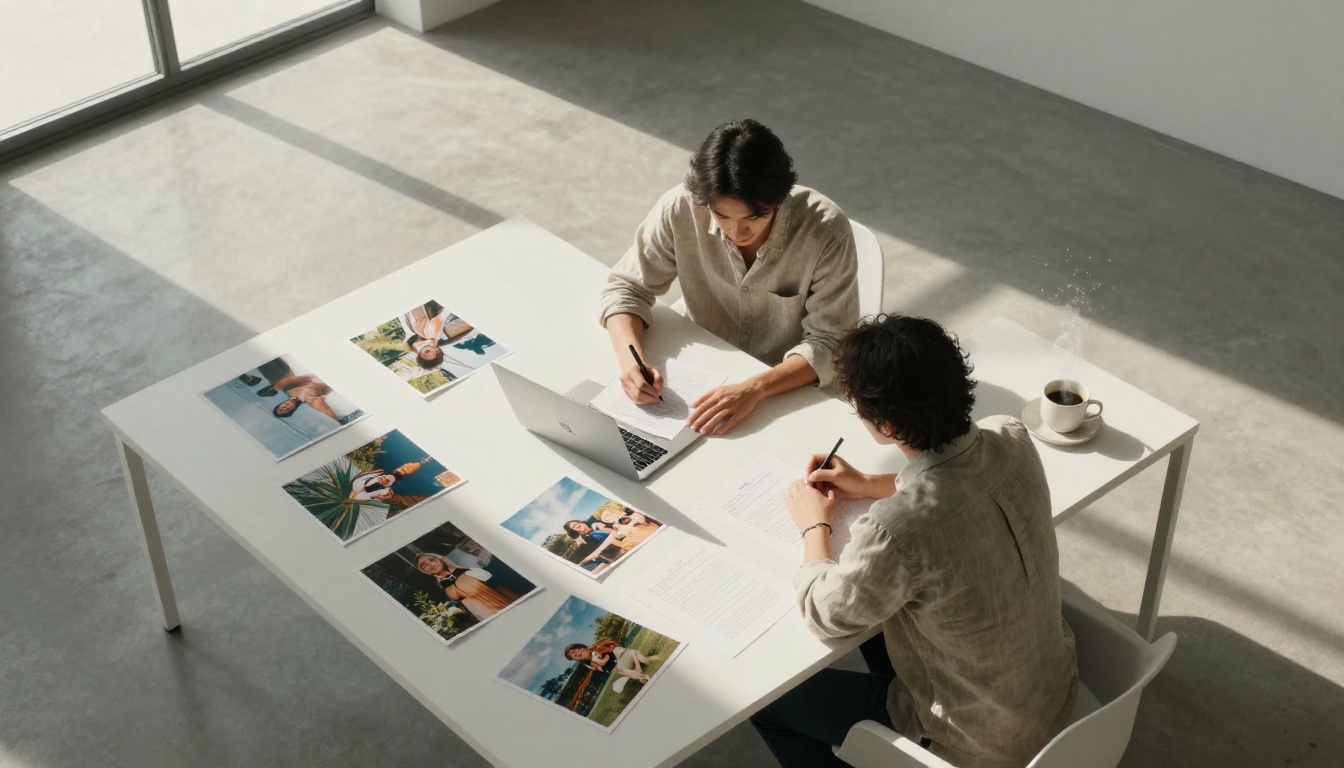 Creative professional at white desk with AI-generated photos