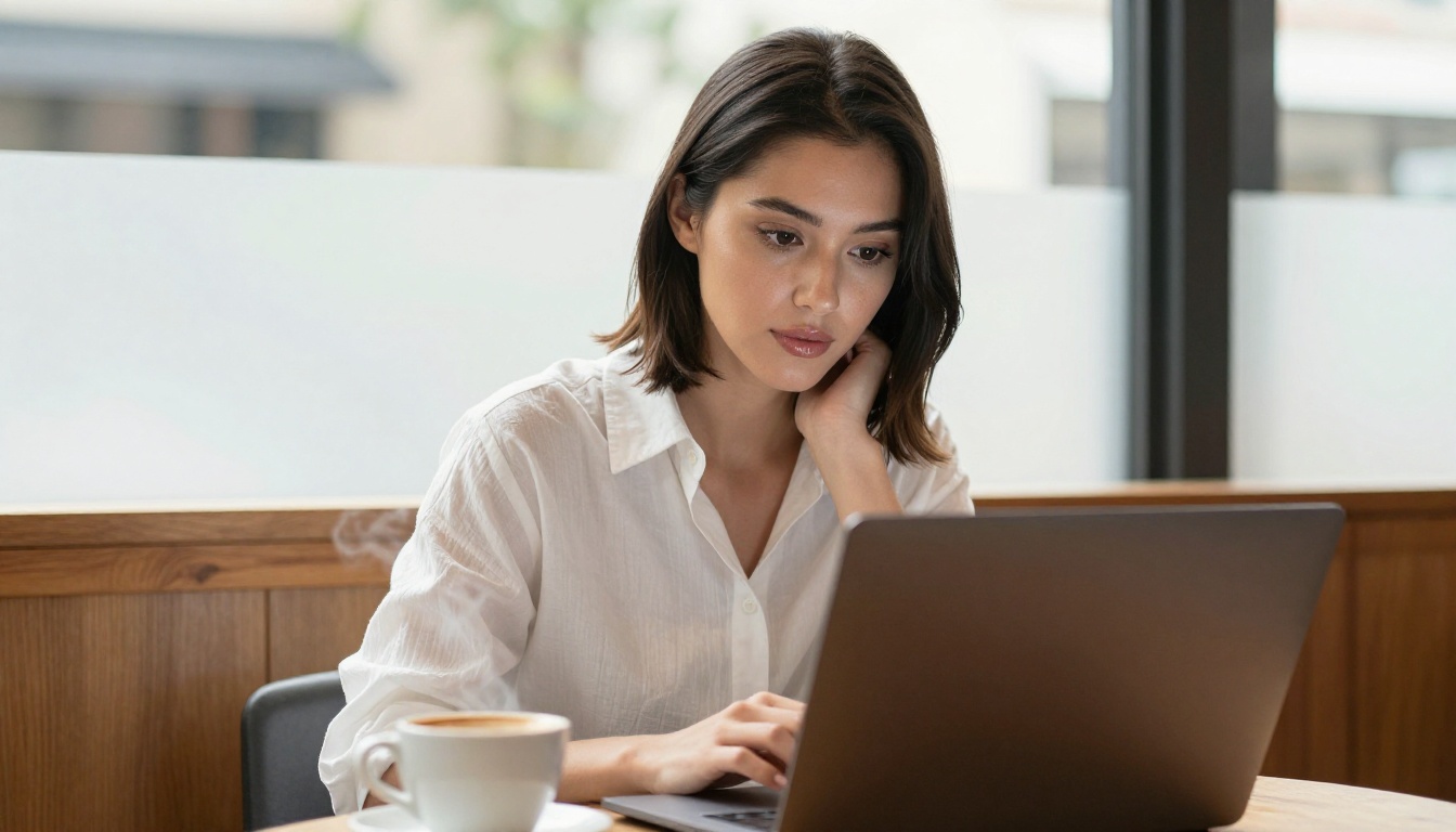 Woman with laptop in sunlit coffee shop