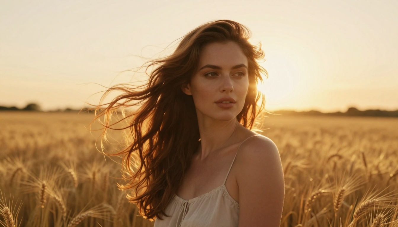Portrait of woman in golden wheat field at magic hour