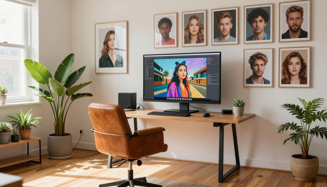Bright home studio workspace with large monitor displaying portrait