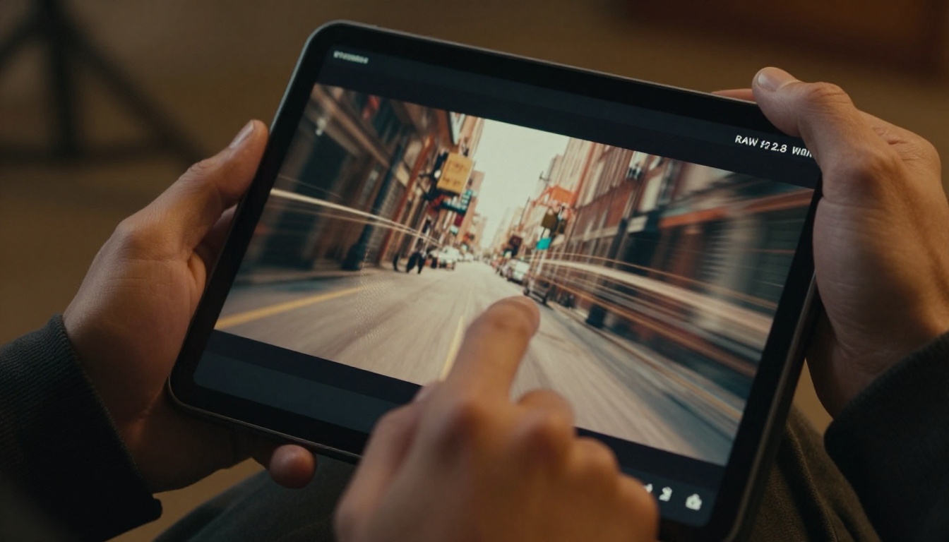 Filmmaker reviewing AI video results on a professional tablet