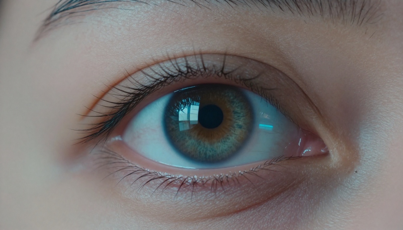Macro close-up of woman's eye reflecting monitor screen