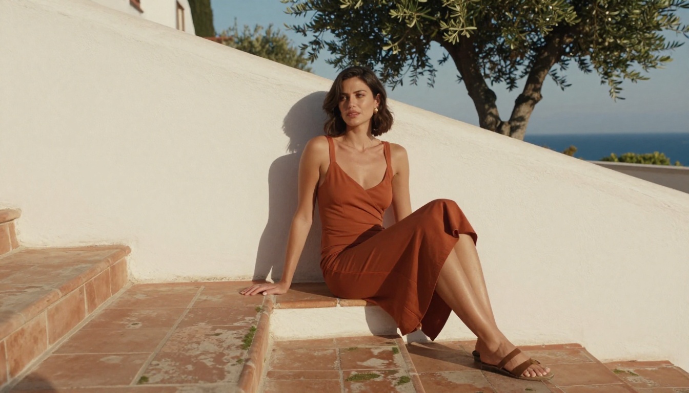 Woman in terracotta dress on Mediterranean terrace