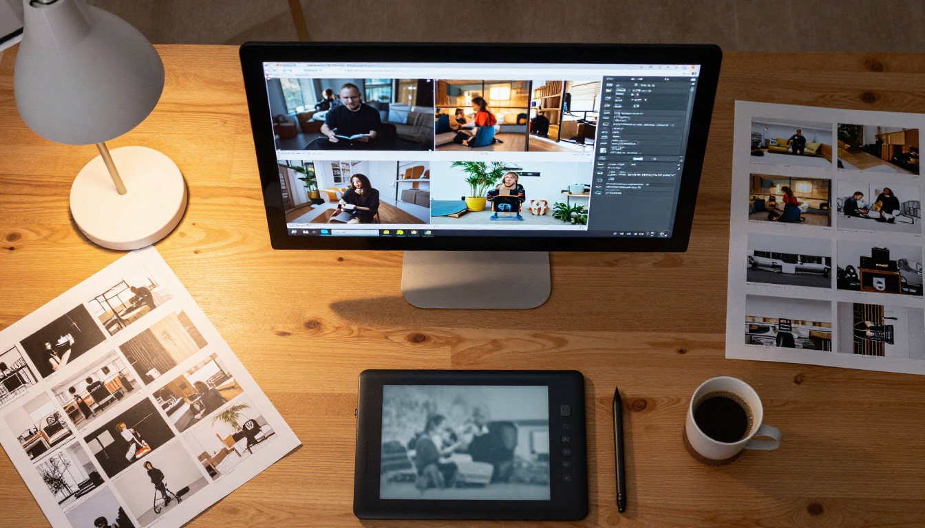 Aerial overhead view of creative workspace with video storyboards and notes