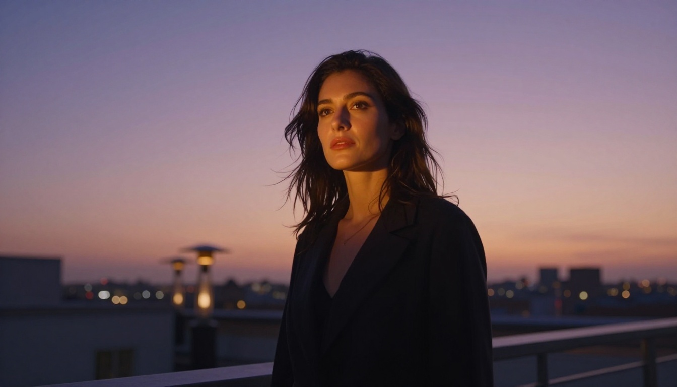 Woman looking confidently from rooftop at twilight