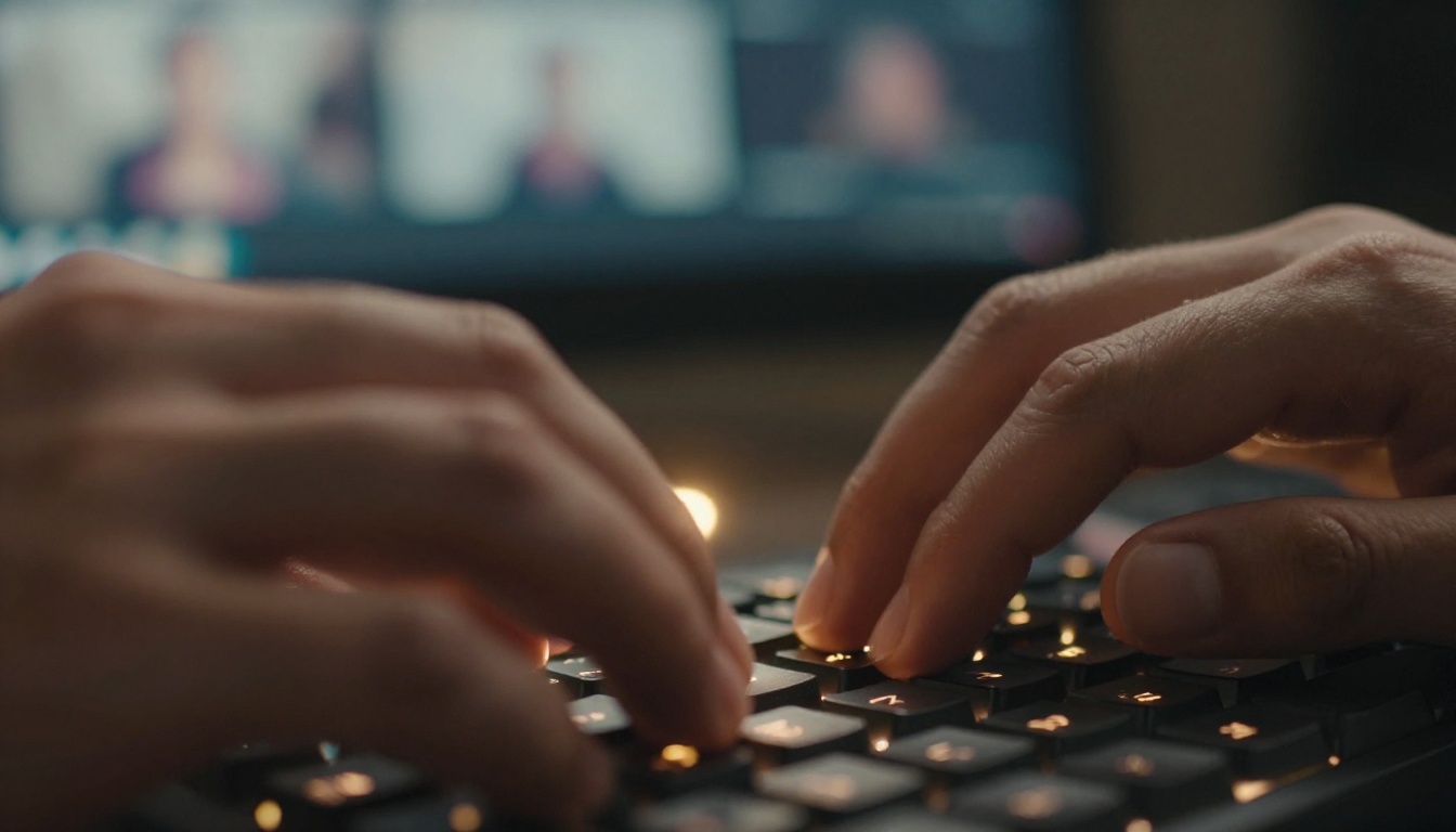 Fingers typing a video prompt on a backlit mechanical keyboard