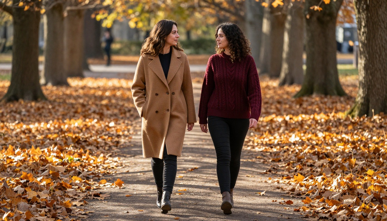 Two women walking through an autumn park