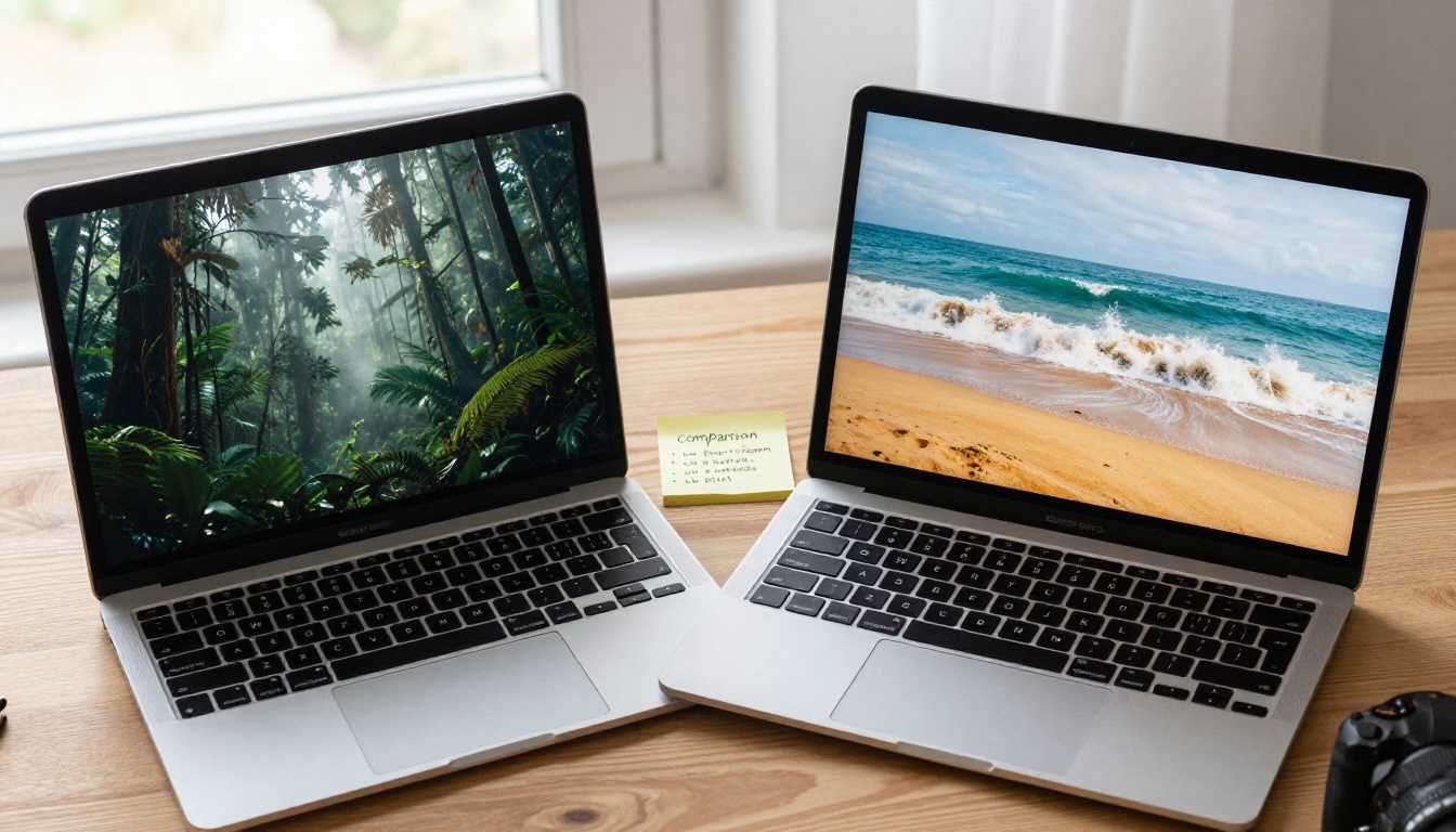 Two laptops side by side comparing AI video outputs on a birch wood desk