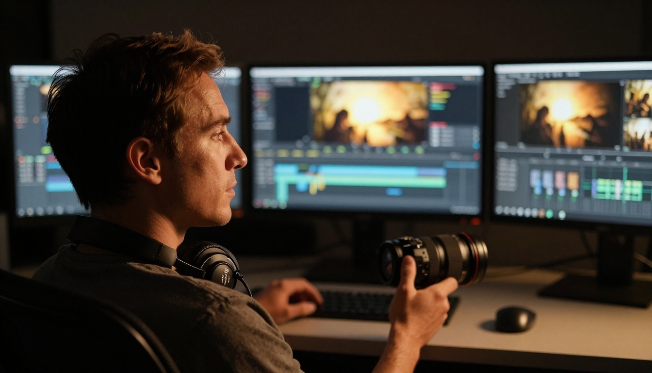 Video editor reviewing footage in a professional post-production suite