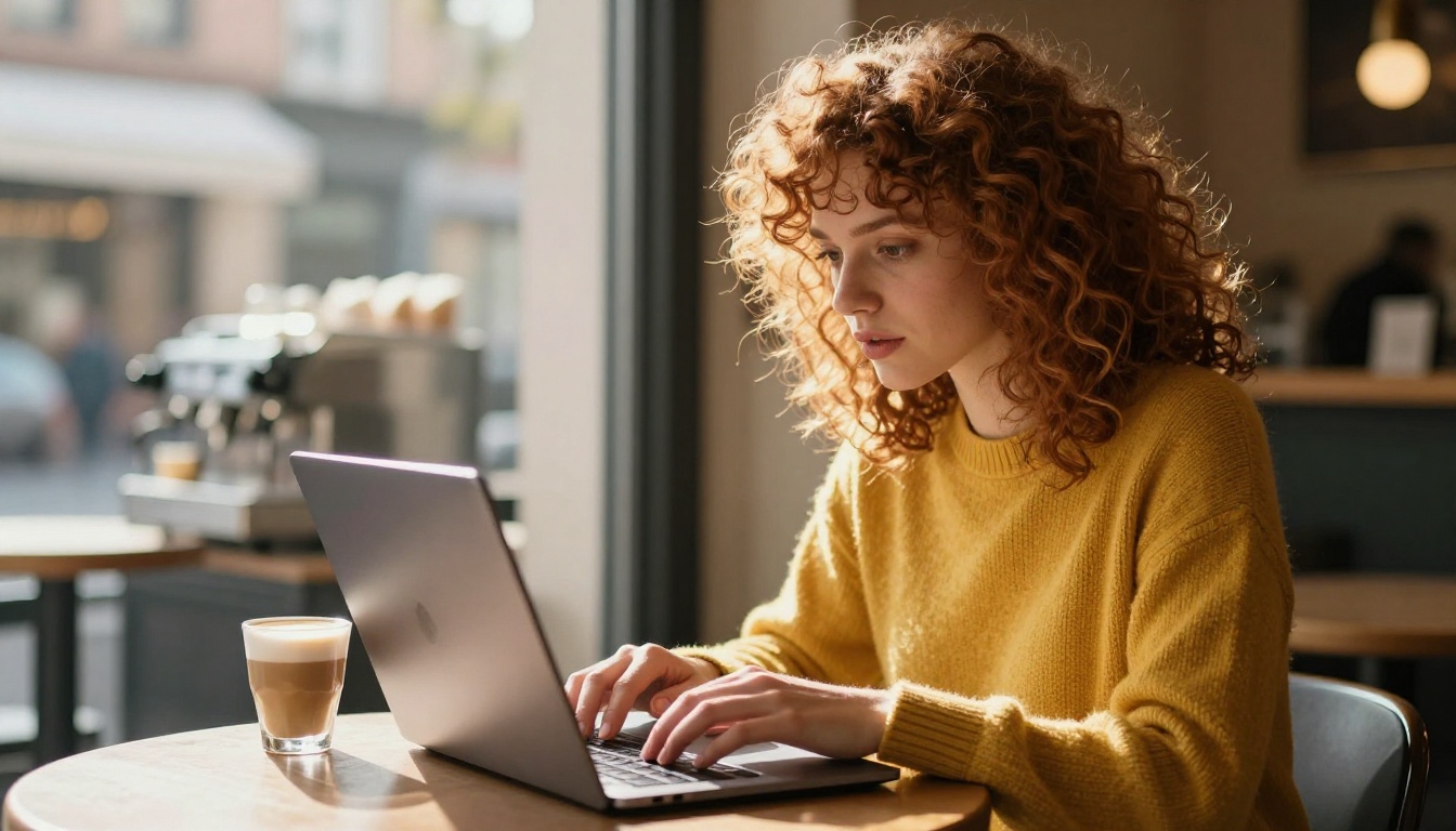 A young woman with curly auburn hair typing a creative prompt on a laptop in a warm café setting