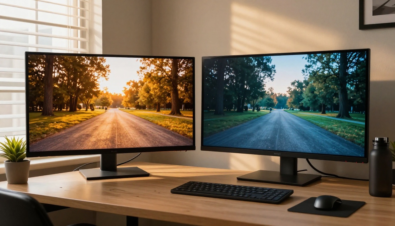 Two large monitors displaying different AI-generated video outputs side by side
