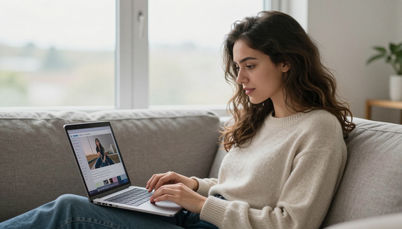 Young woman content creator generating AI videos on a laptop at home