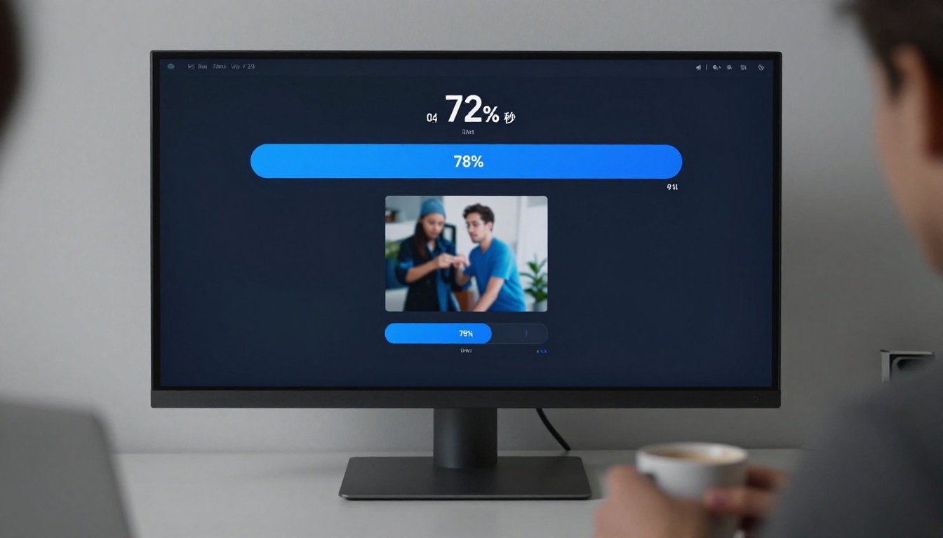AI video generation interface showing a progress bar at 78% on a dark ultrawide monitor